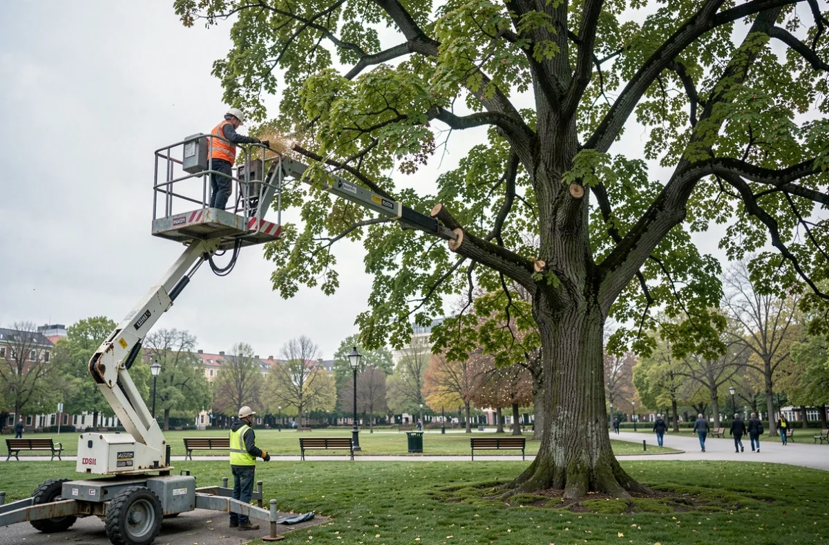 Élagueur sur nacelle élévatrice taillant un grand tilleul dans un parc urbain avec un assistant au sol