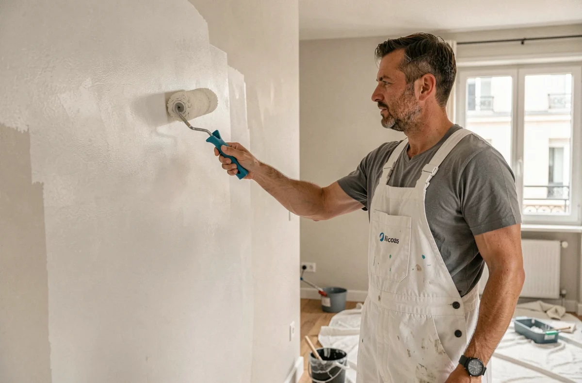 Nicolas Friant de Peintonmur appliquant une couche de peinture blanche sur un mur intérieur d'un appartement parisien