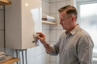 Homme ajustant le thermostat d'un chauffe-rapide suédois pour optimiser la consommation d'énergie dans une salle de bain moderne