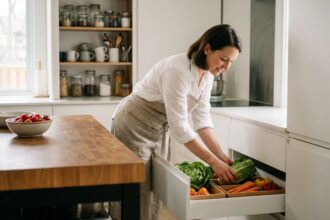 Femme organisant des légumes dans des tiroirs de cuisine bien rangés et fonctionnels