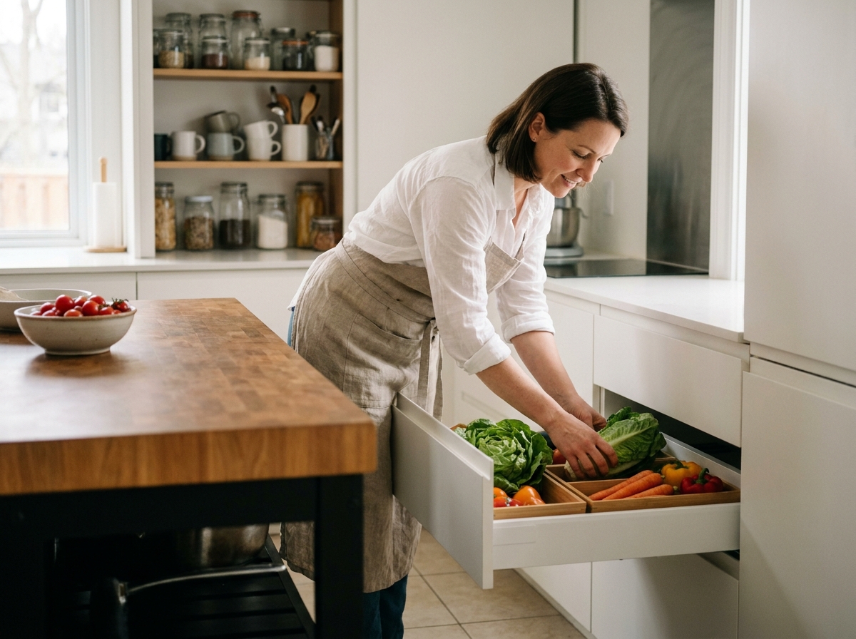 Femme organisant des légumes dans des tiroirs de cuisine bien rangés et fonctionnels