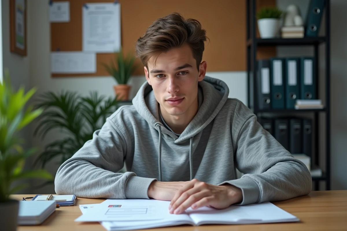 Jeune adulte organisant des documents administratifs pour justificatif de domicile à son bureau