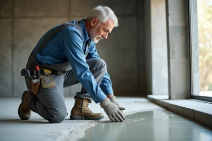 Ouvrier de bâtiment expérimenté pose du ciment dans une pièce en rénovation