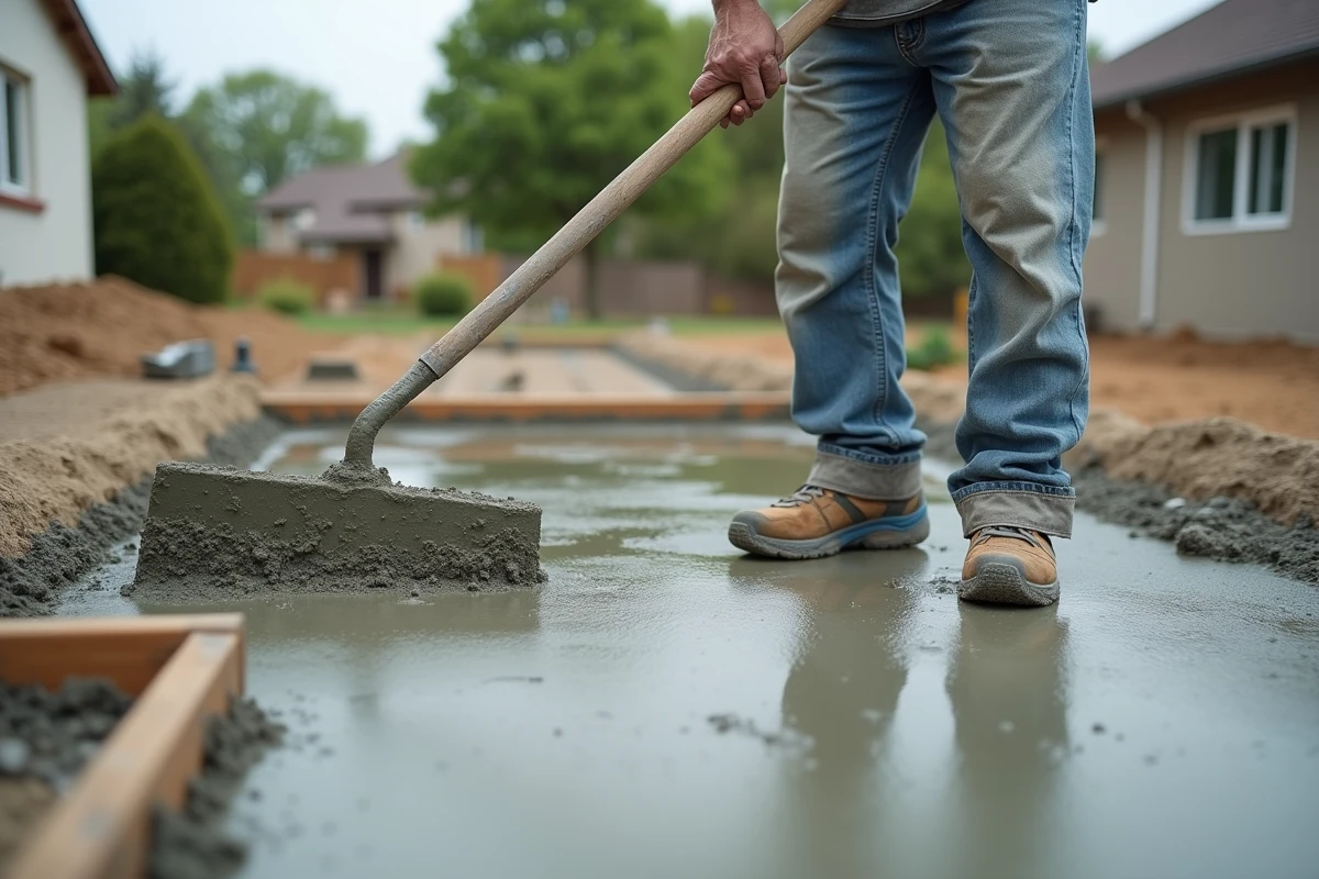 Maçon étalant du béton frais sur une dalle de maison individuelle avec une règle de maçon