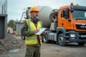 Ouvrier en vestiaire haute visibilité près d'une bétonnière
