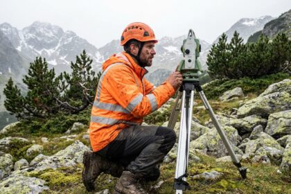 Ouvrier en veste haute visibilité vérifiant équipement en montagne