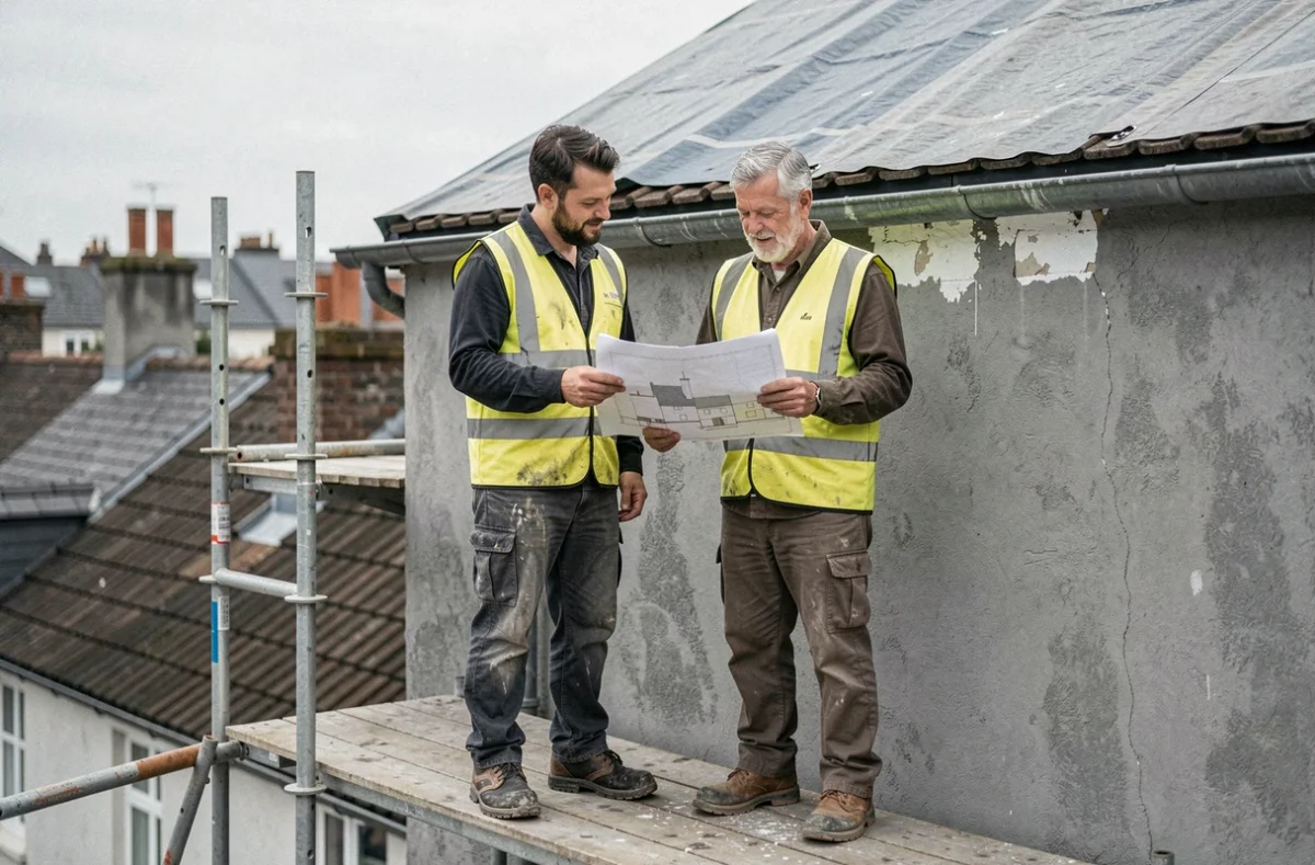 Deux ouvriers sur un échafaudage consultant un plan de rénovation devant un solin en cours de réparation sur un mur extérieur