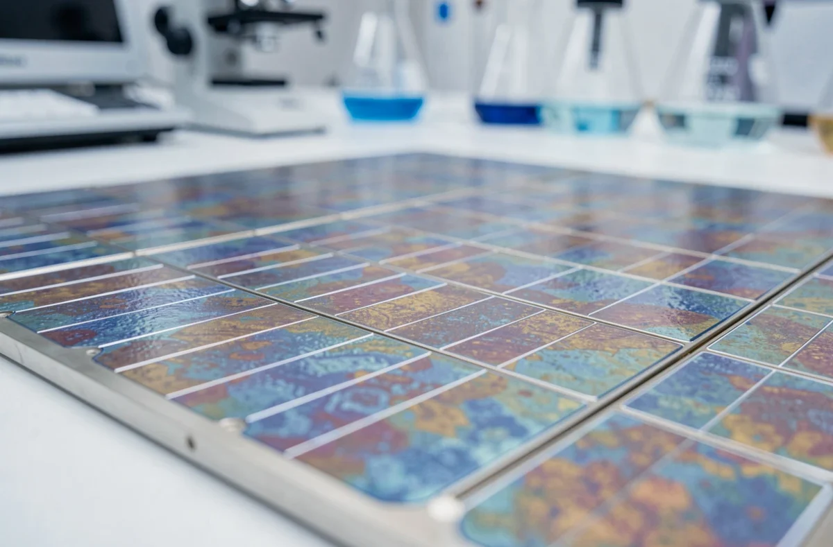 Gros plan sur la surface d'un panneau solaire en pérovskite avec reflets cristallins irisés en laboratoire