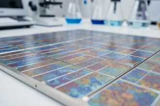 Gros plan sur la surface d'un panneau solaire en pérovskite avec reflets cristallins irisés en laboratoire
