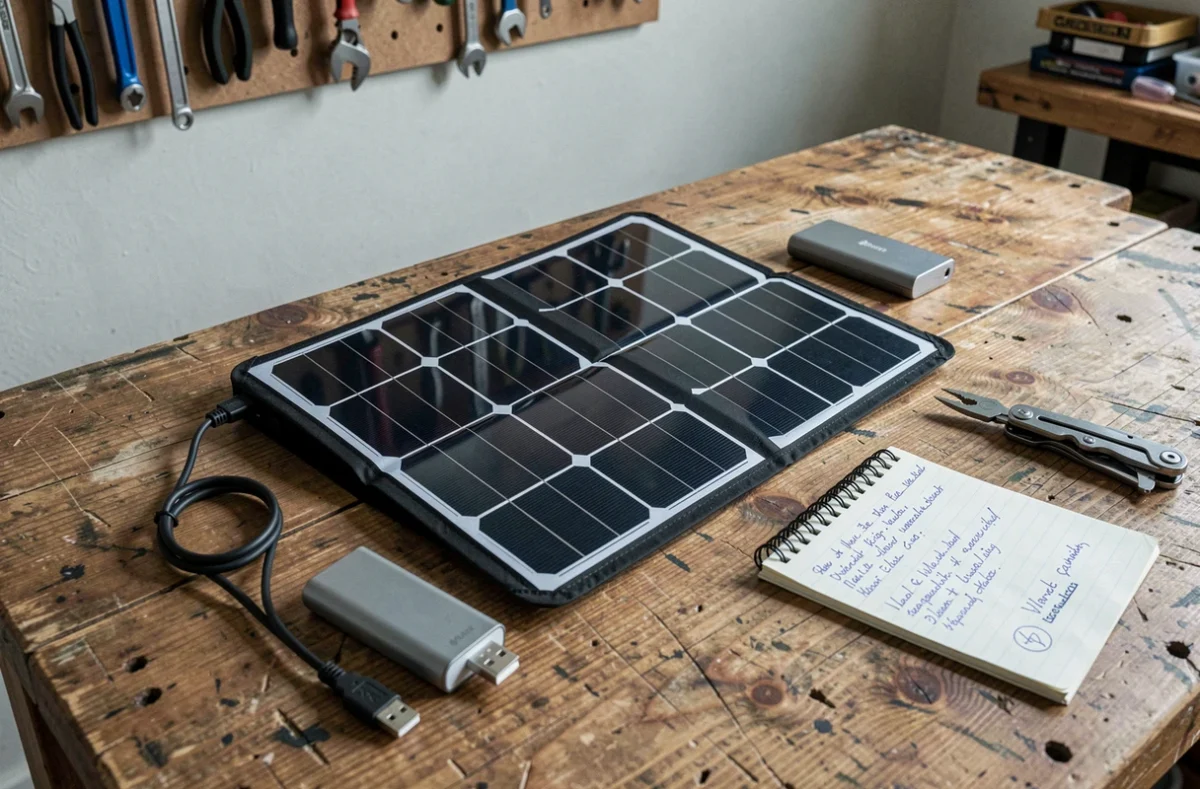 Vue à plat d'un panneau solaire portatif monocristallin avec accessoires de recharge sur un établi en bois