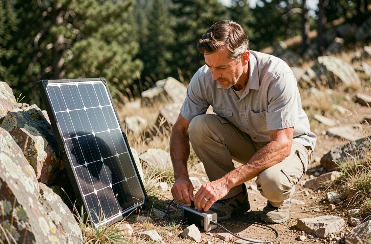 Homme en randonnée connectant un panneau solaire portatif à une batterie externe en pleine montagne