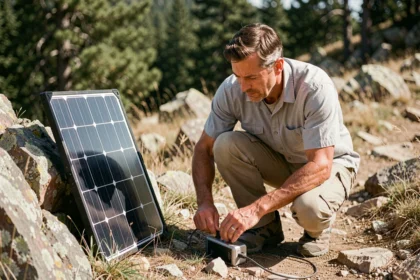 Homme en randonnée connectant un panneau solaire portatif à une batterie externe en pleine montagne