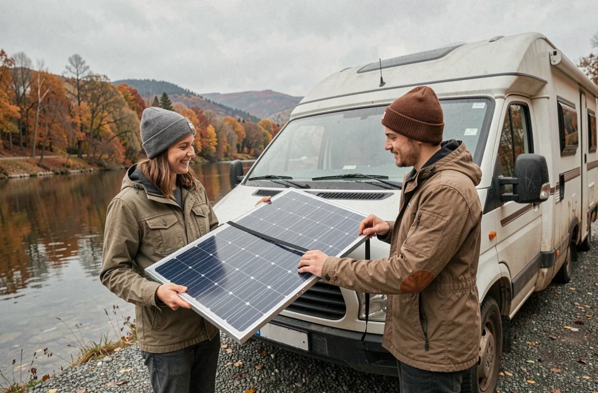 Couple installant un panneau solaire portatif sur le toit d'un van aménagé au bord d'une rivière en automne