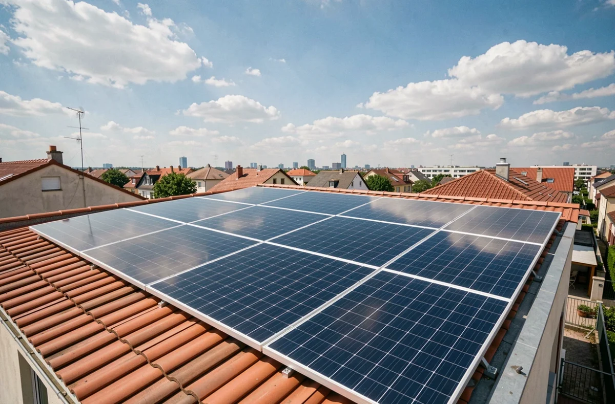 Panneaux solaires pérovskite installés sur un toit résidentiel à côté de panneaux silicium traditionnels