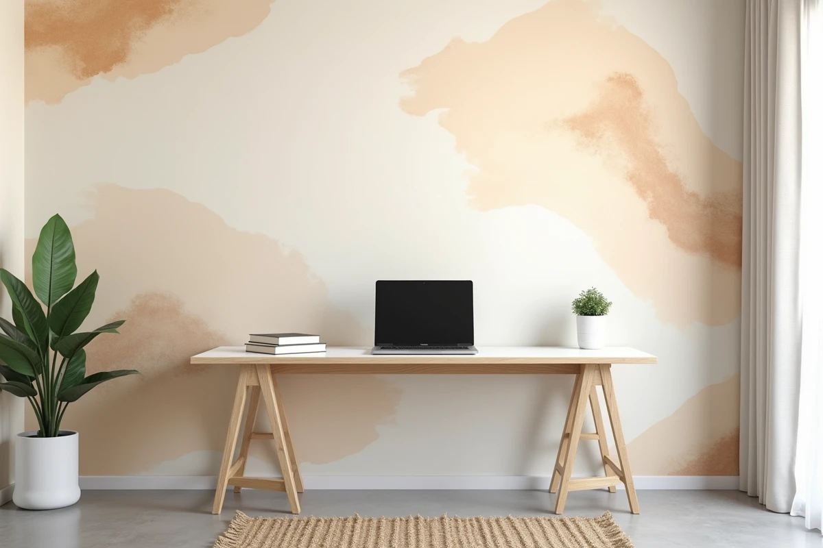 Bureau à domicile avec papier peint beige à motifs abstraits et décoration minimaliste