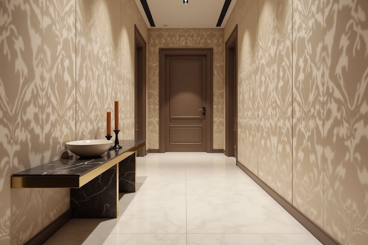 Couloir décoré avec papier peint beige à motifs damassés et console en laiton brossé