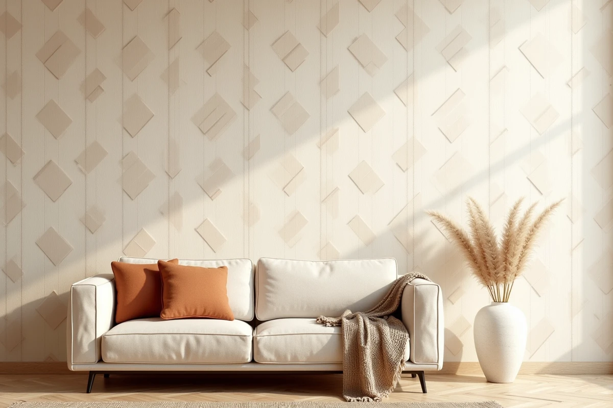 Salon moderne avec papier peint beige à motifs géométriques et canapé en lin crème