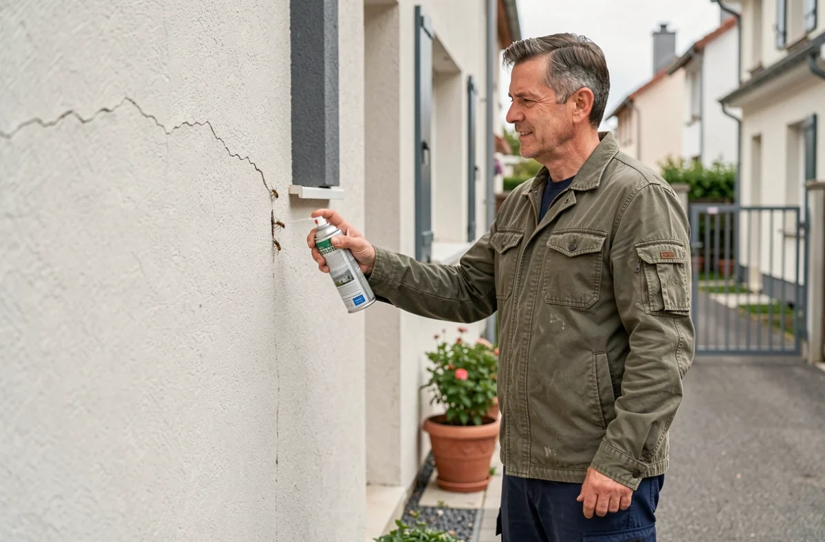 Particulier utilisant un spray insecticide devant un trou de nid de guêpes dans un mur de maison