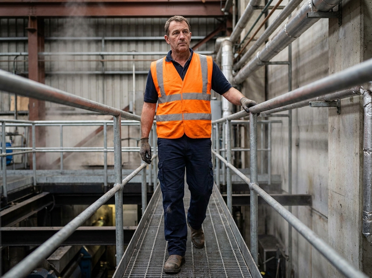 Ouvrier industriel marchant sur une passerelle en caillebotis métallique au-dessus d'une fosse mécanique en usine