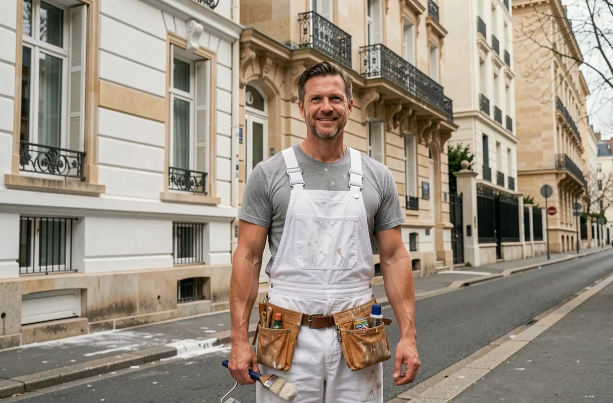 Peintre en bâtiment professionnel devant une façade haussmannienne fraîchement peinte dans les Hauts-de-Seine