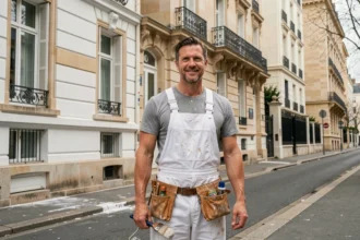 Peintre en bâtiment professionnel devant une façade haussmannienne fraîchement peinte dans les Hauts-de-Seine