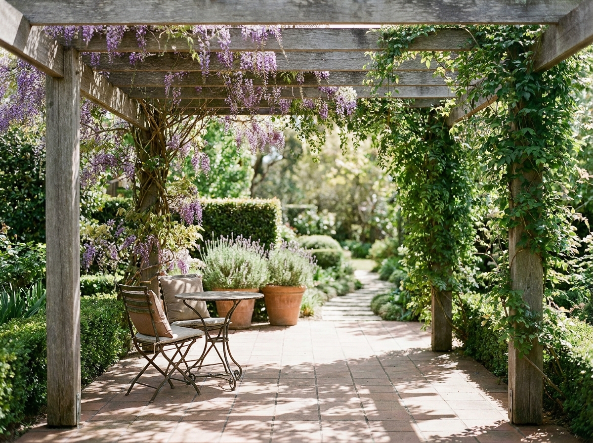 Pergola en bois couverte de wisteria et de lierre dans un jardin résidentiel, créant une ombre décorative naturelle sur des dalles en terre cuite