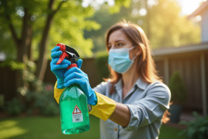 Personne portant masque et gants manipulant un spray chimique dans un jardin