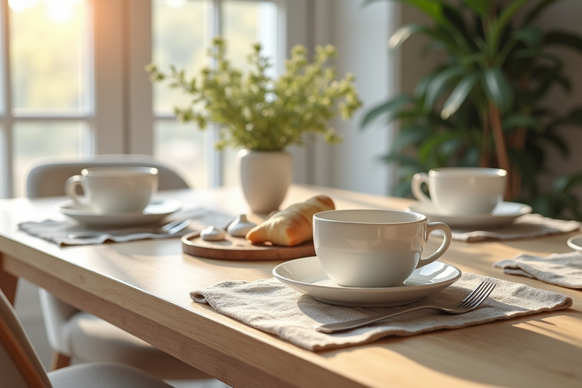 Petit déjeuner nordique avec table en bois et vaisselle