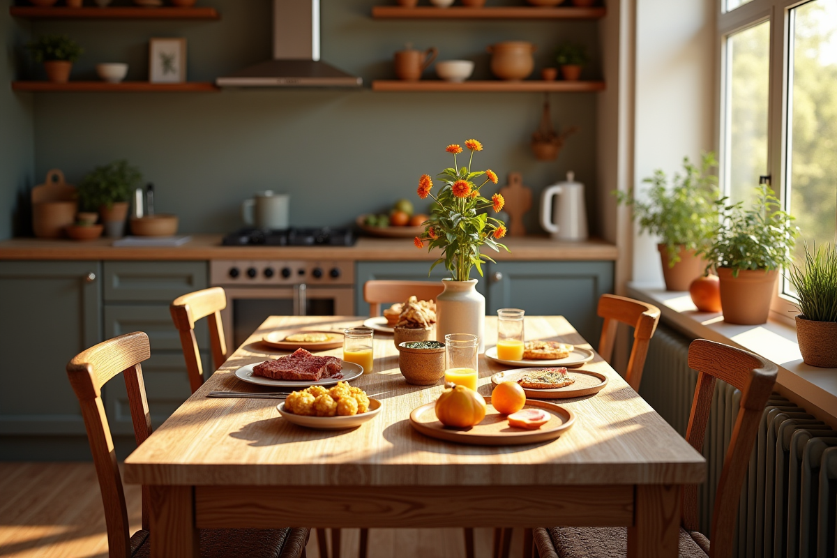 Petite cuisine chaleureuse avec petit déjeuner et lumière douce du matin