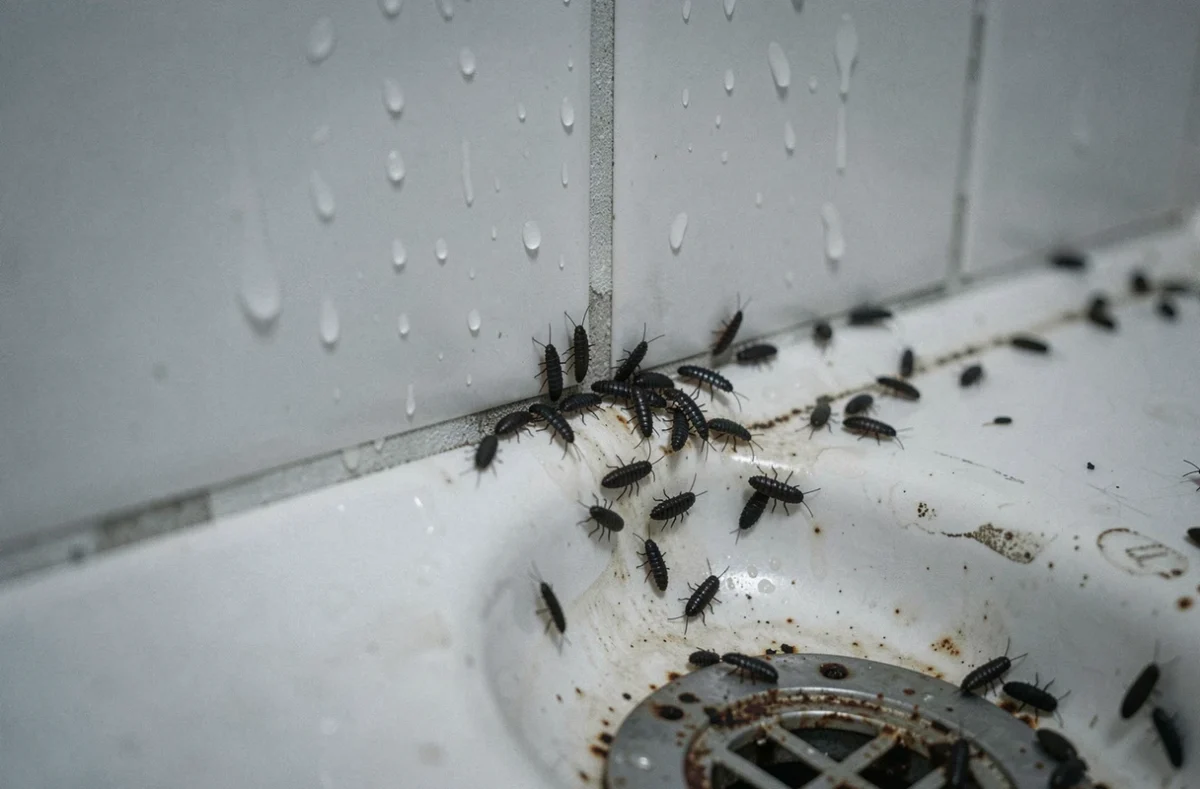 Petites bêtes noires et insectes humidité regroupés dans un coin de salle de bain carrelée humide avec condensation visible