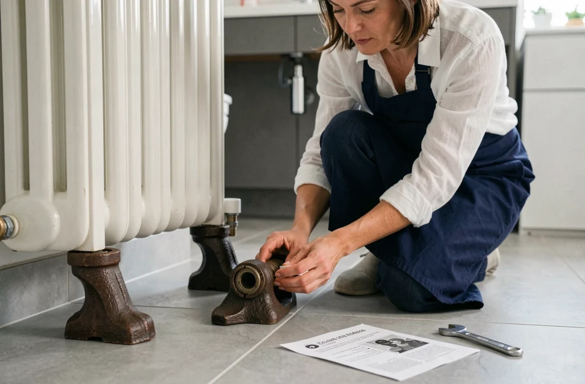 Femme inspectant des pieds en fonte pour radiateur sèche-serviettes dans une salle de bain moderne carrelée