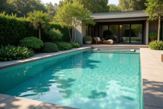 Piscine en béton moderne dans un jardin privé ensoleille