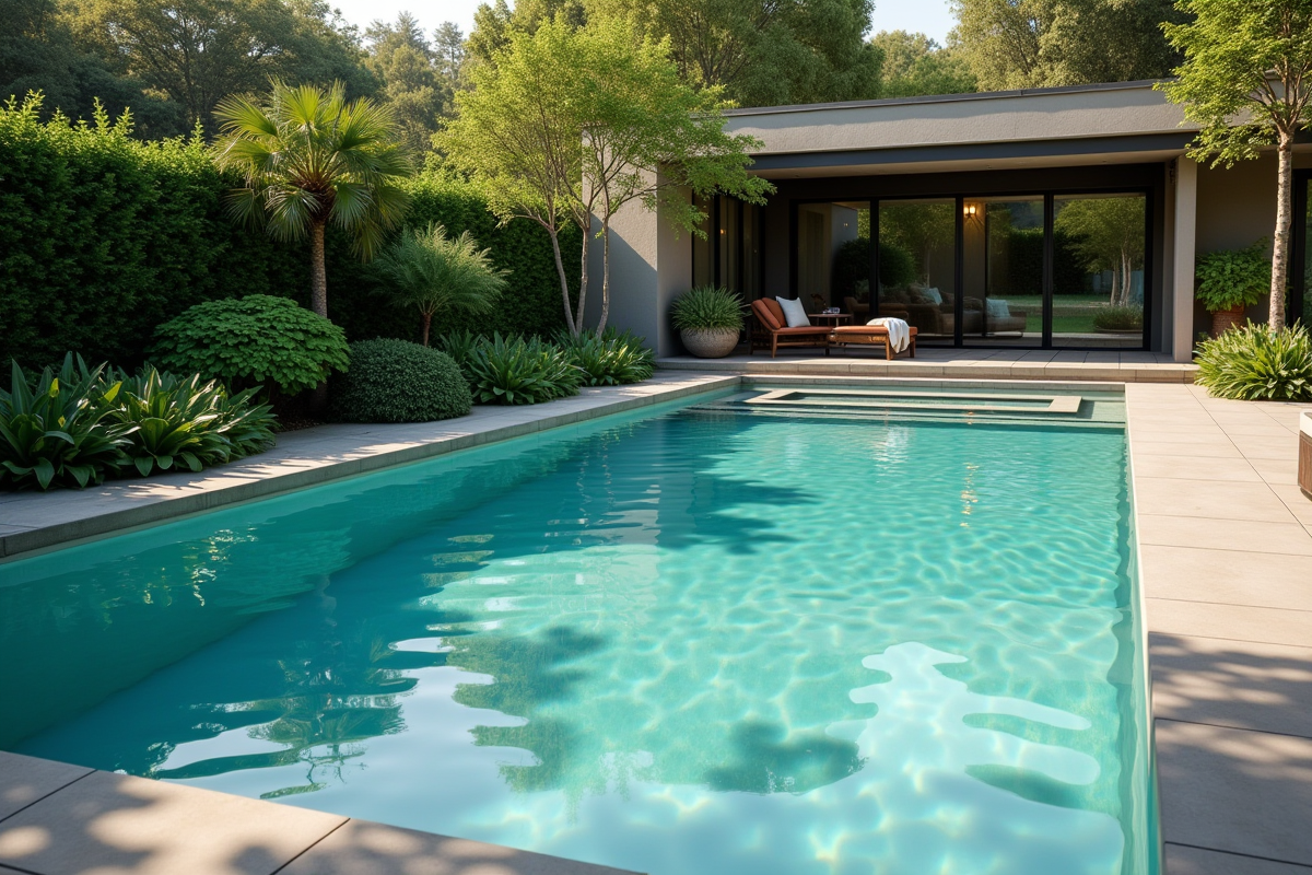 Piscine en béton moderne dans un jardin privé ensoleille