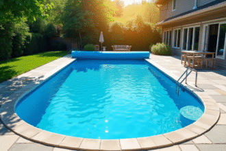 Piscine extérieure avec couverture bleue de protection