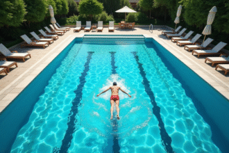 Piscine rectangulaire moderne avec nageur en nage libre