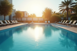 Piscine extérieure vide au matin avec chaises alignées
