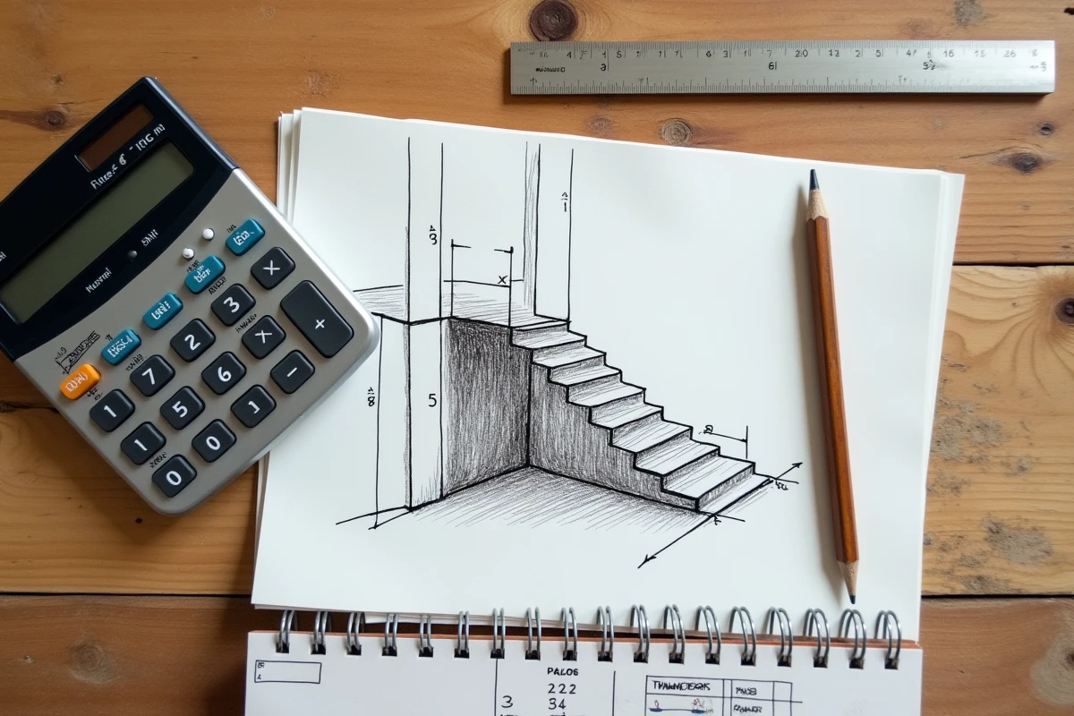 Plan de calcul de volume de béton pour escalier avec calculatrice et croquis technique sur établi en bois