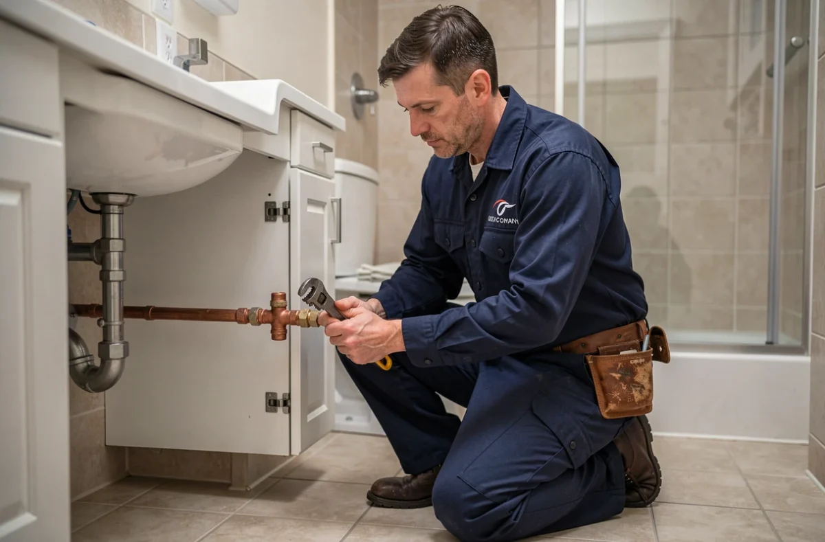 Plombier professionnel de Plomberie Service 57 inspectant des raccords en cuivre sous un lavabo dans une salle de bain résidentielle
