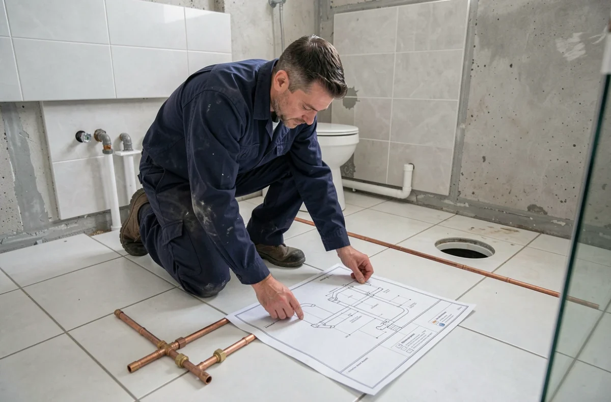 Plombier étudiant un schéma WC sur le sol d'une salle de bain en rénovation avec tuyaux PVC visibles