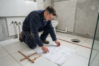 Plombier étudiant un schéma WC sur le sol d'une salle de bain en rénovation avec tuyaux PVC visibles