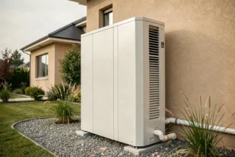 Pompe à chaleur air-eau installée sur la façade extérieure d'une maison individuelle moderne