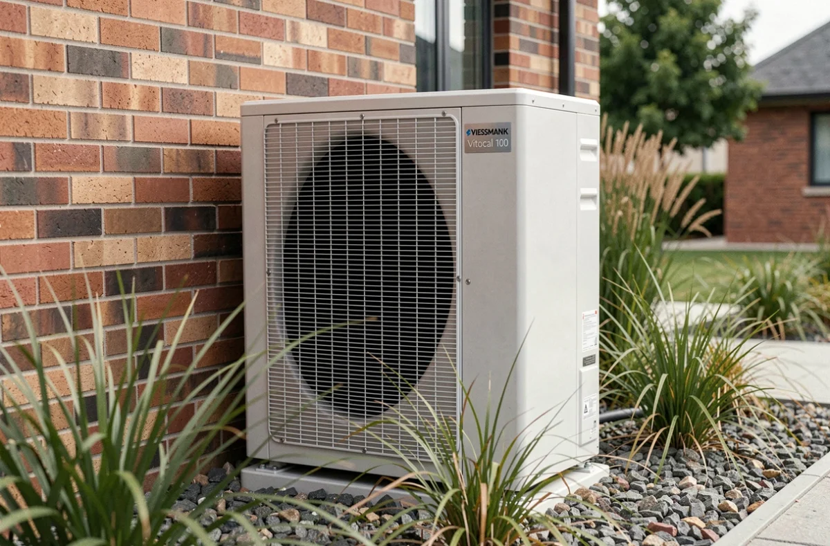 Pompe à chaleur Viessmann Vitocal 100 installée en extérieur contre un mur en brique d'une maison contemporaine
