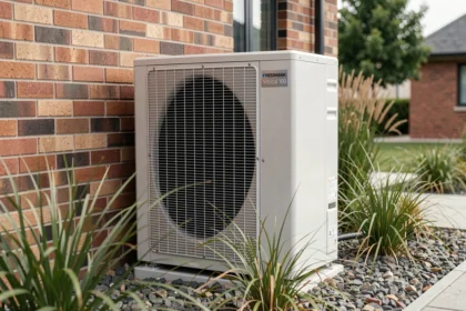 Pompe à chaleur Viessmann Vitocal 100 installée en extérieur contre un mur en brique d'une maison contemporaine