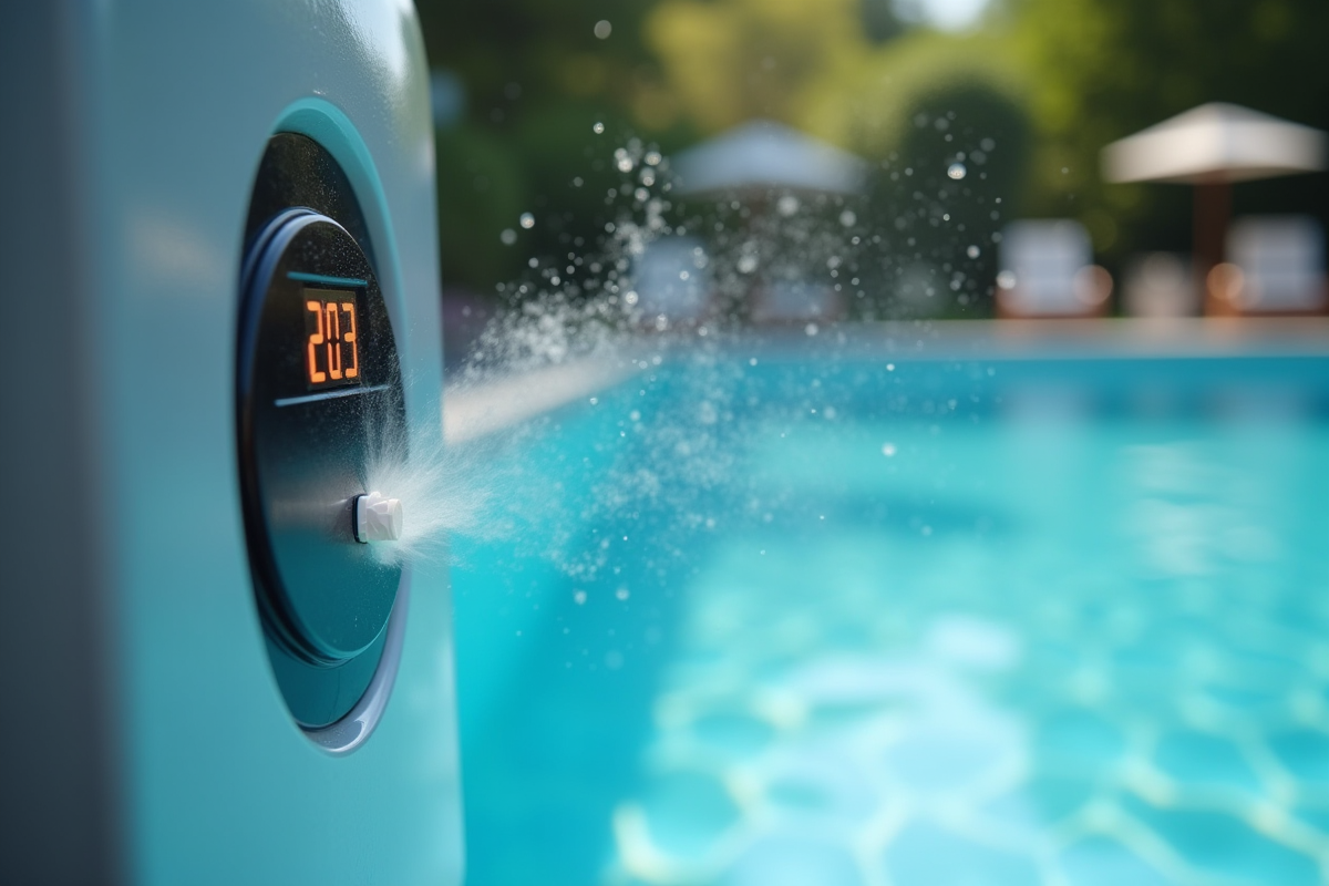 Zoom sur une pompe à chaleur de piscine avec vapeur et affichage de basse température