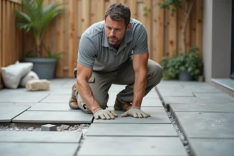 Carreleur professionnel posant du carrelage en pierre naturelle sur une terrasse extérieure en cours de réalisation
