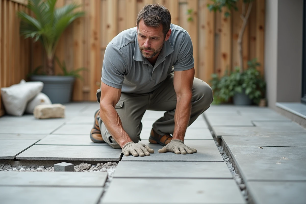 Carreleur professionnel posant du carrelage en pierre naturelle sur une terrasse extérieure en cours de réalisation