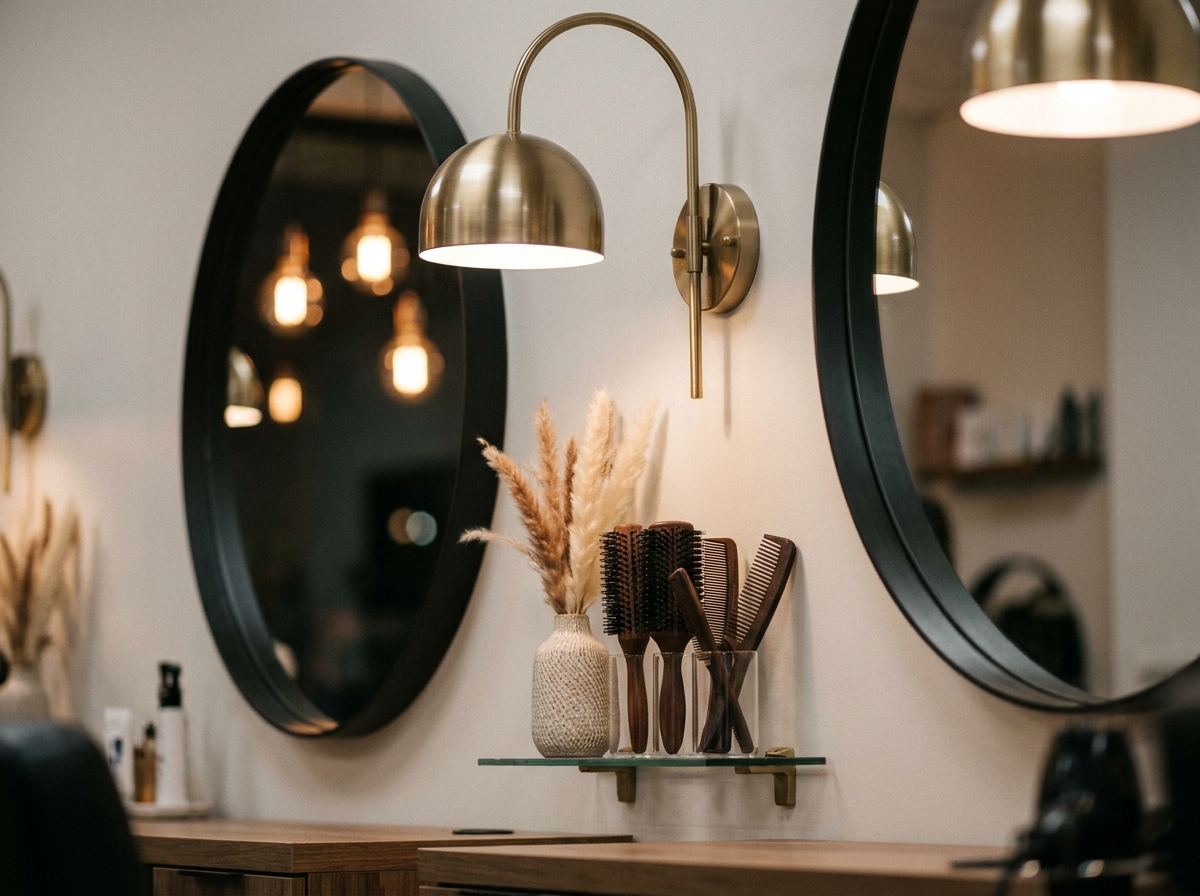 Détail d'un poste de coiffure avec lampe murale en laiton et miroir mat noir après rénovation