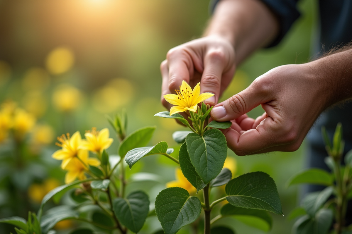 Mains de jardinier préparant des branches de lierre au soleil