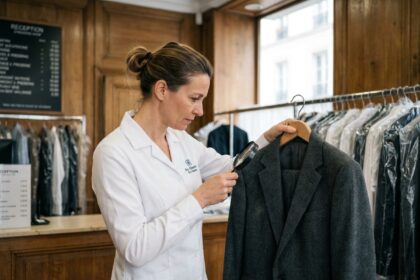 Employée de pressing parisien inspectant un costume homme en laine sur cintre, intérieur boutique avec tarifs affichés en arrière-plan