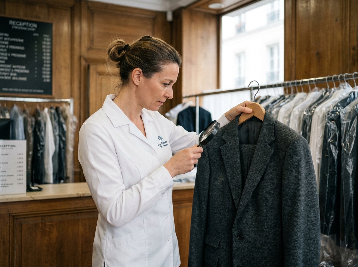 Employée de pressing parisien inspectant un costume homme en laine sur cintre, intérieur boutique avec tarifs affichés en arrière-plan